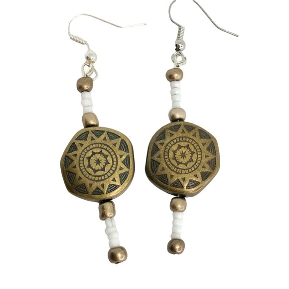 Handcrafted Dangle Earrings With Gold Toned Medallion Beads & White Accents - Picture 4 of 5